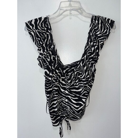 Zara‎ Womens Zebra Print Ruched Ruffle Sleeve Top S Black & White Polyester NWT - Picture 1 of 9
